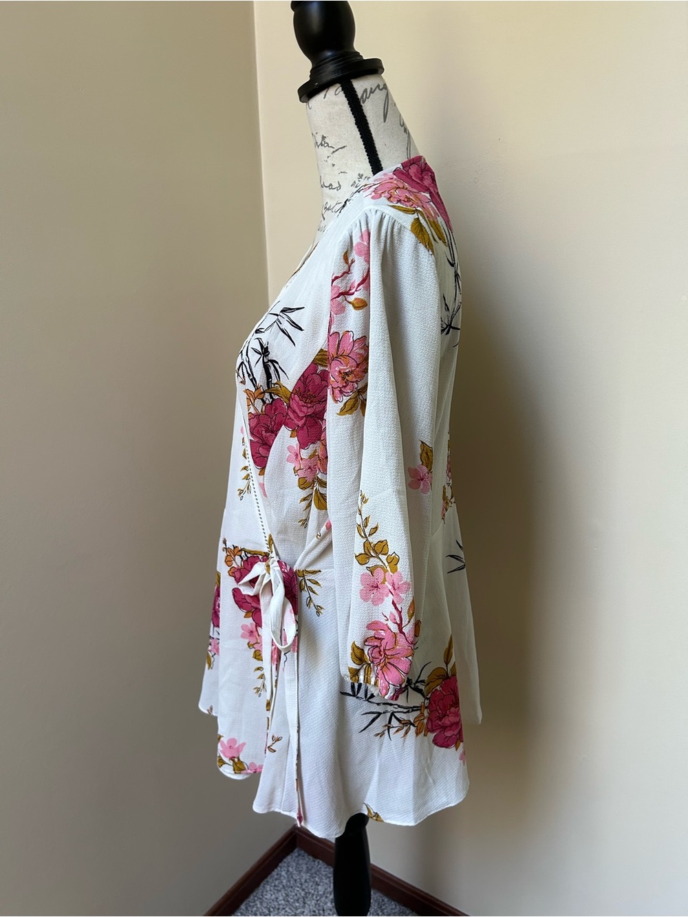 City Chic White Wrap Blouse with Pink Floral Print - Picture 2 of 6
